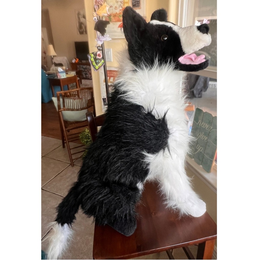 Melissa & Doug Jumbo Plush Stuffed Dog Fluffy Border Collie Lifelike Black White